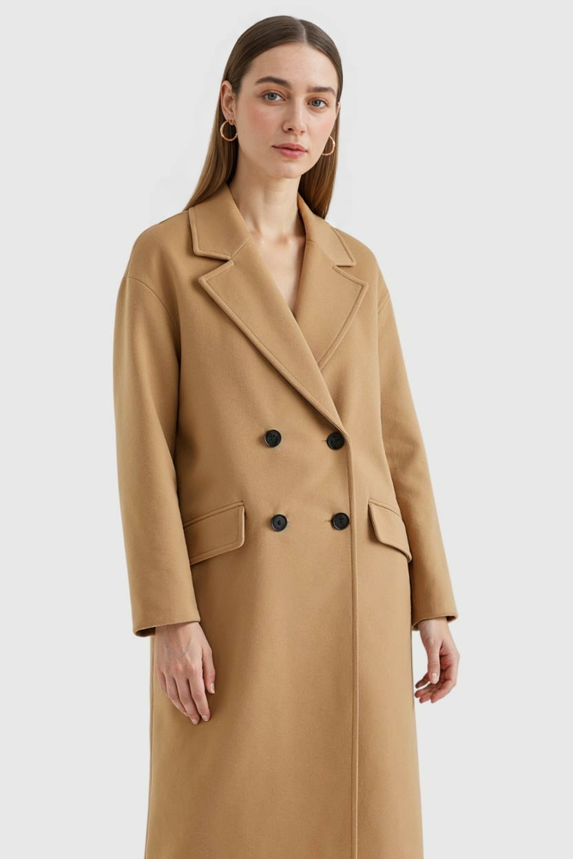 Cappotto Lungo Doppio Petto | Collo Revers, Tasche a Fazzoletto, Fit Largo