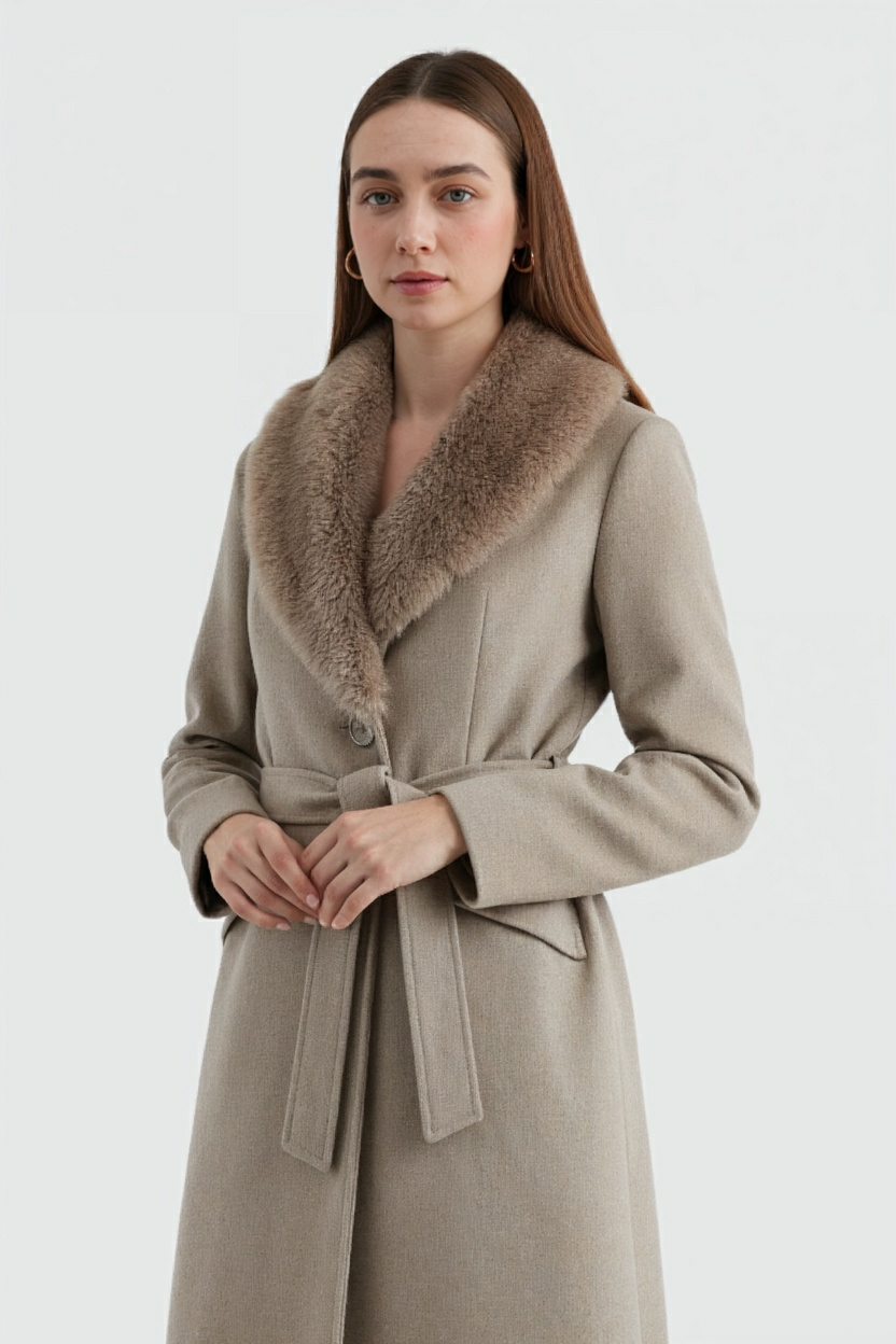 Cappotto Lungo Collo Finta Pelliccia | Vita Cinturata, Bottone Singolo