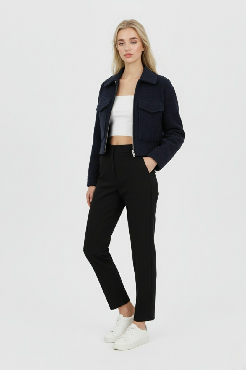 Giacca Zip Tessuta | Collo alla Collare, Cropped Fit, Dettaglio Tasca