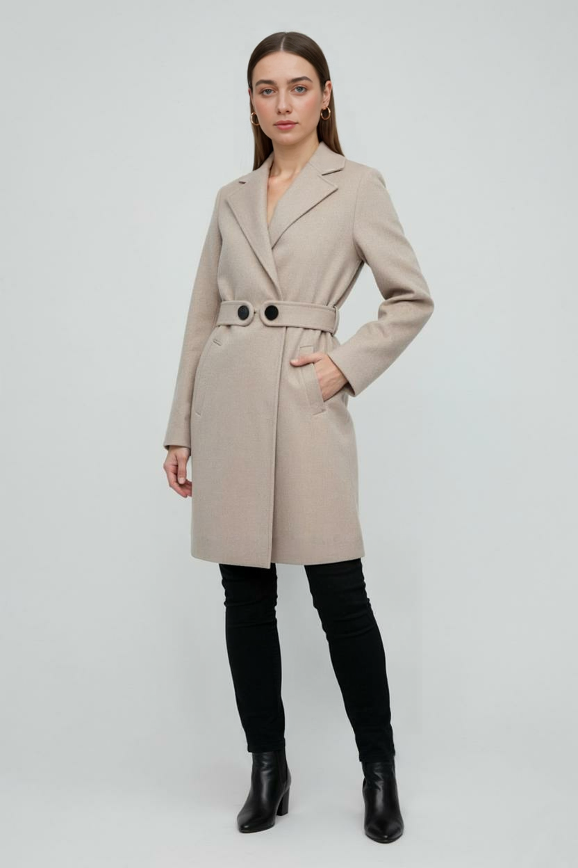 Cappotto lungo effetto lana beige con cintura