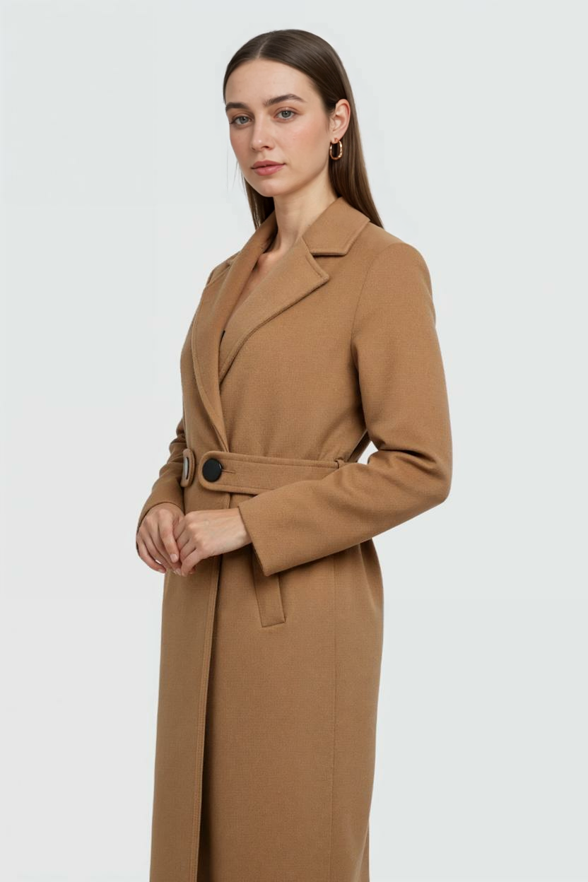 Cappotto Lungo con Cintura | Collo a V, Chiusura con Bottone, Slim Fit