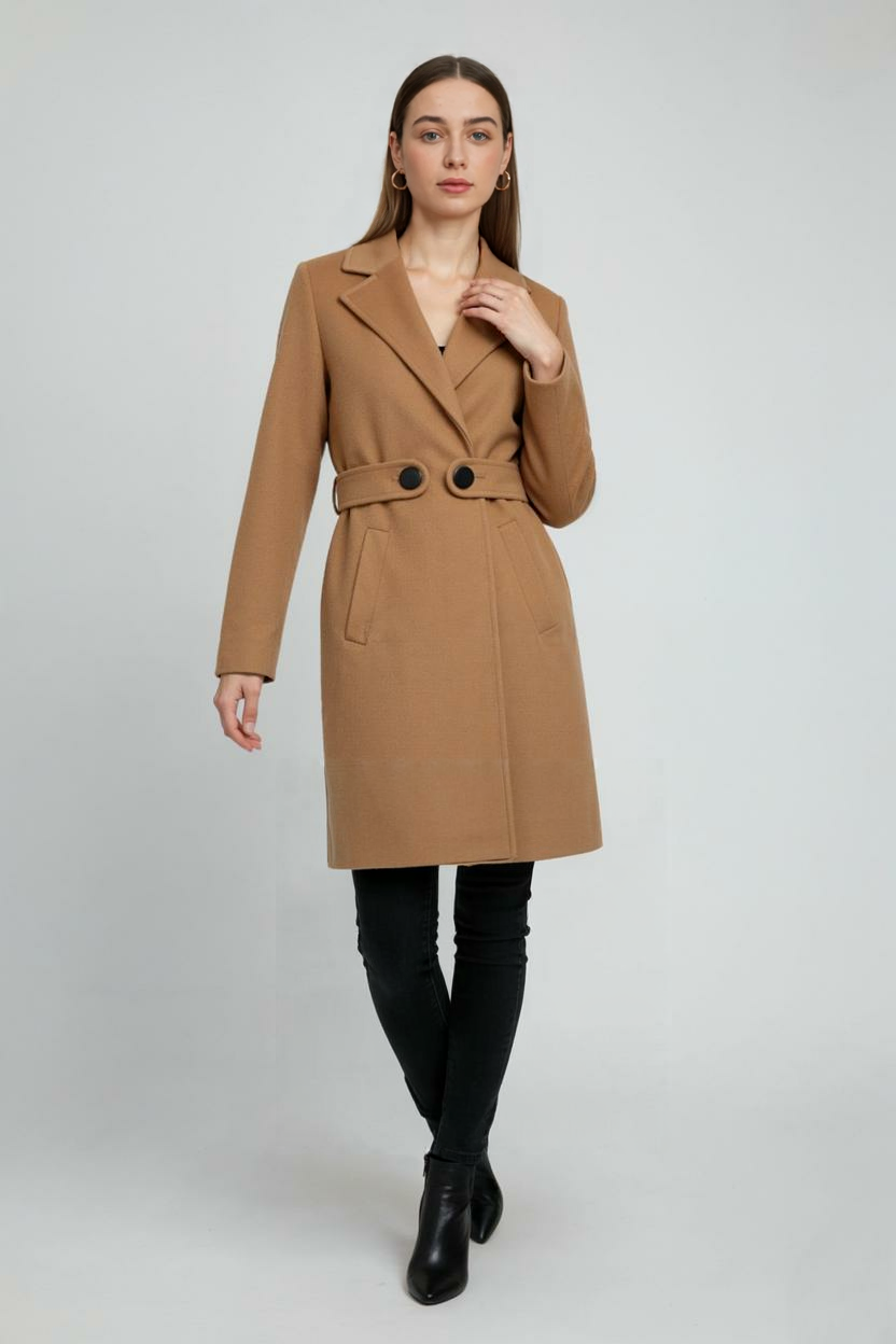 Cappotto lungo con cintura e collo a V