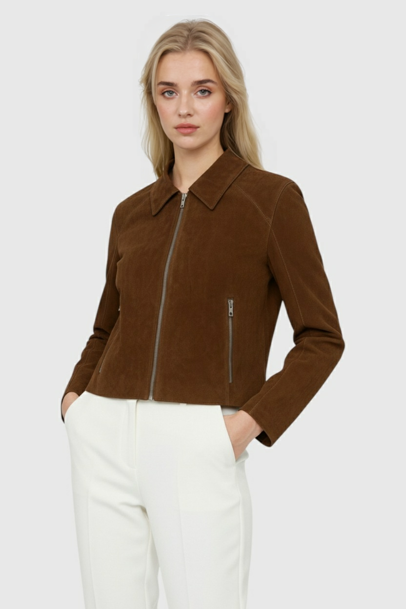 Giacca Zip Effetto Suede | Fit Cropped, Collo a Punta, Tasche Zip