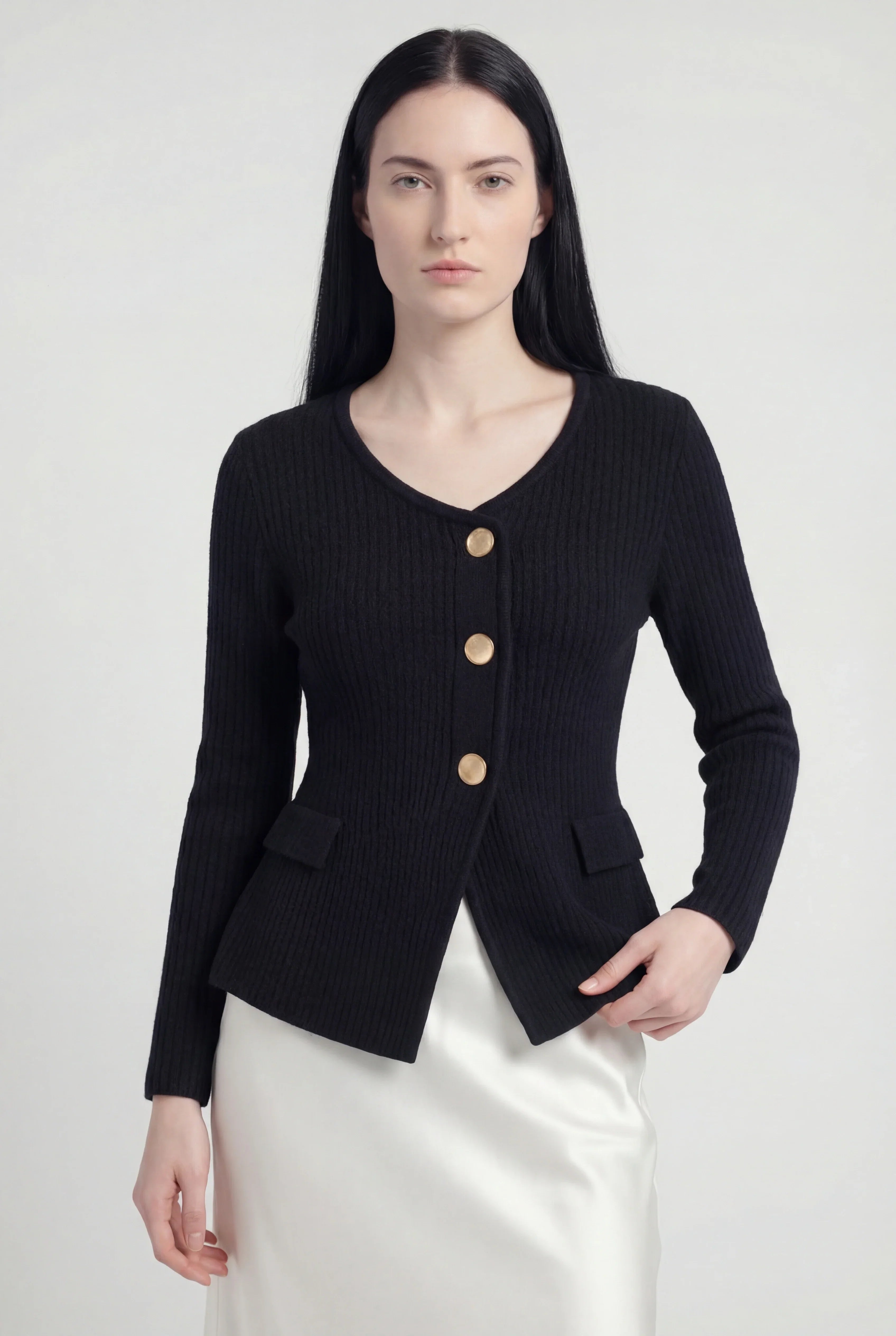 Cardigan Peplum Rib Knit Essenza | V-Neck | Slim Fit | Bottoni