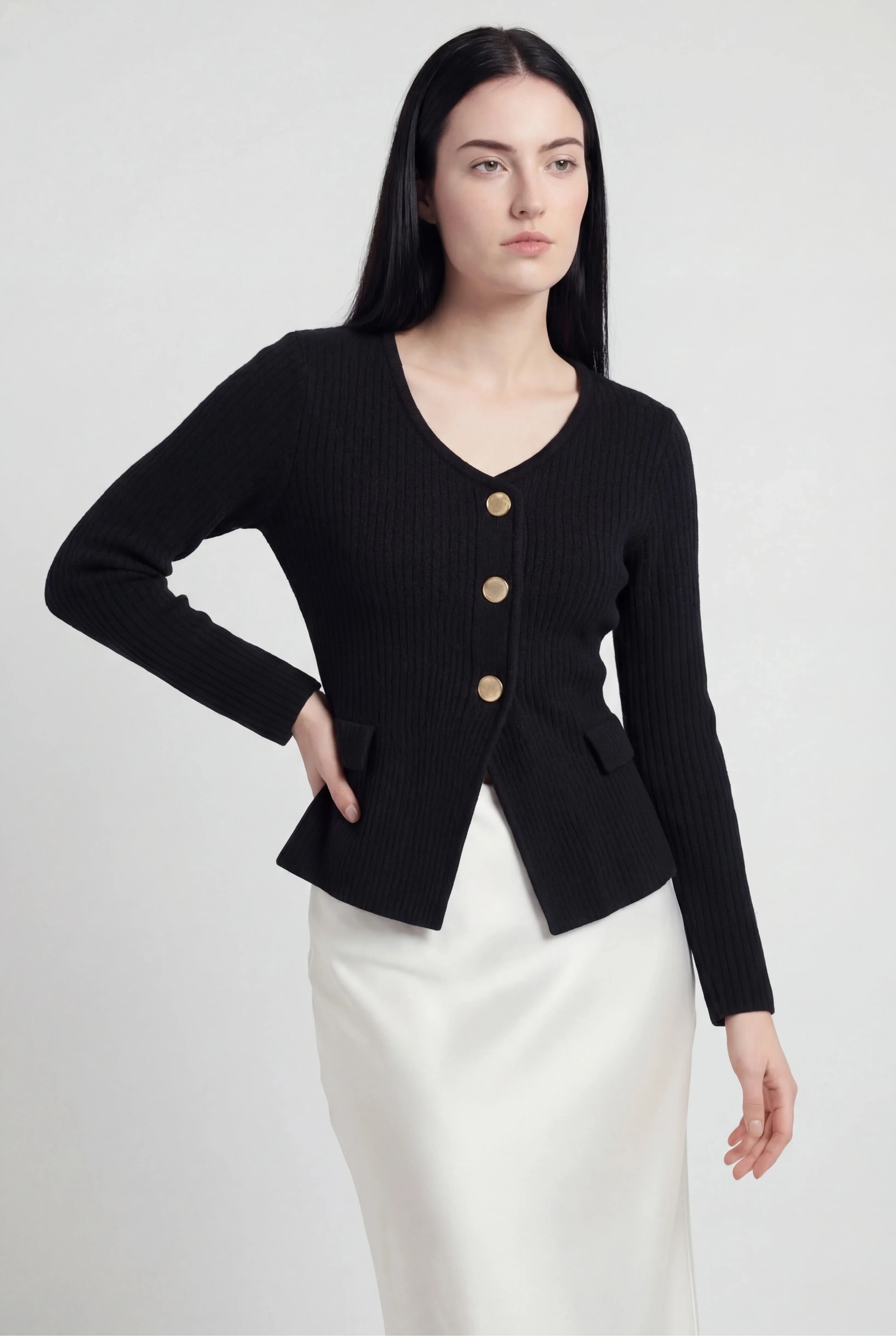 Cardigan Peplum Rib Knit Essenza | V-Neck | Slim Fit | Bottoni