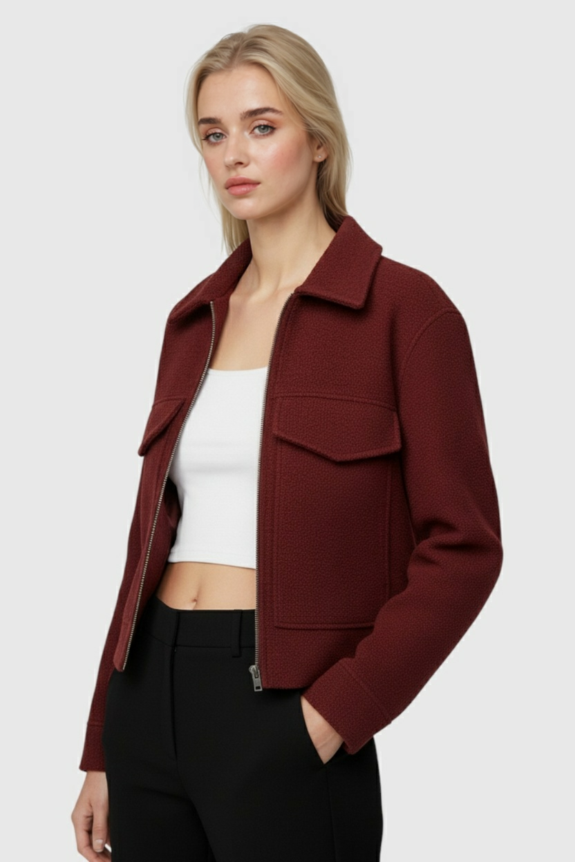 Giacca Zip Tessuta | Collo Alto, Tasche a Falda, Fit Corto