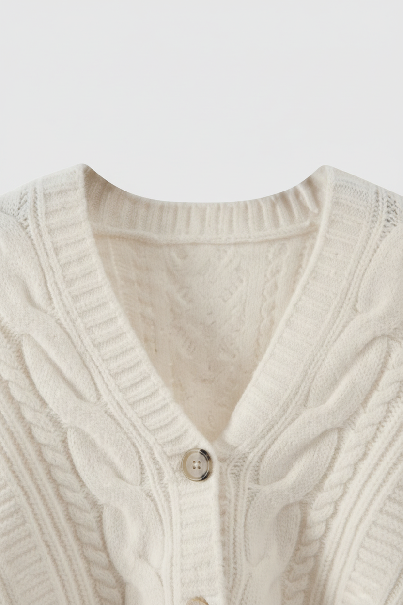 Cardigan V-Neck in Maglia a Treccia | Chiusura con Bottoni | Vestibilità Relaxed