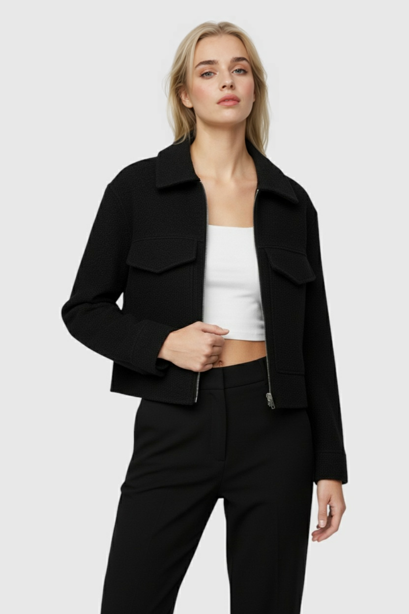 Giacca Zip Tessurizzata | Collo Alto, Cropped Fit, Dettaglio Tasca