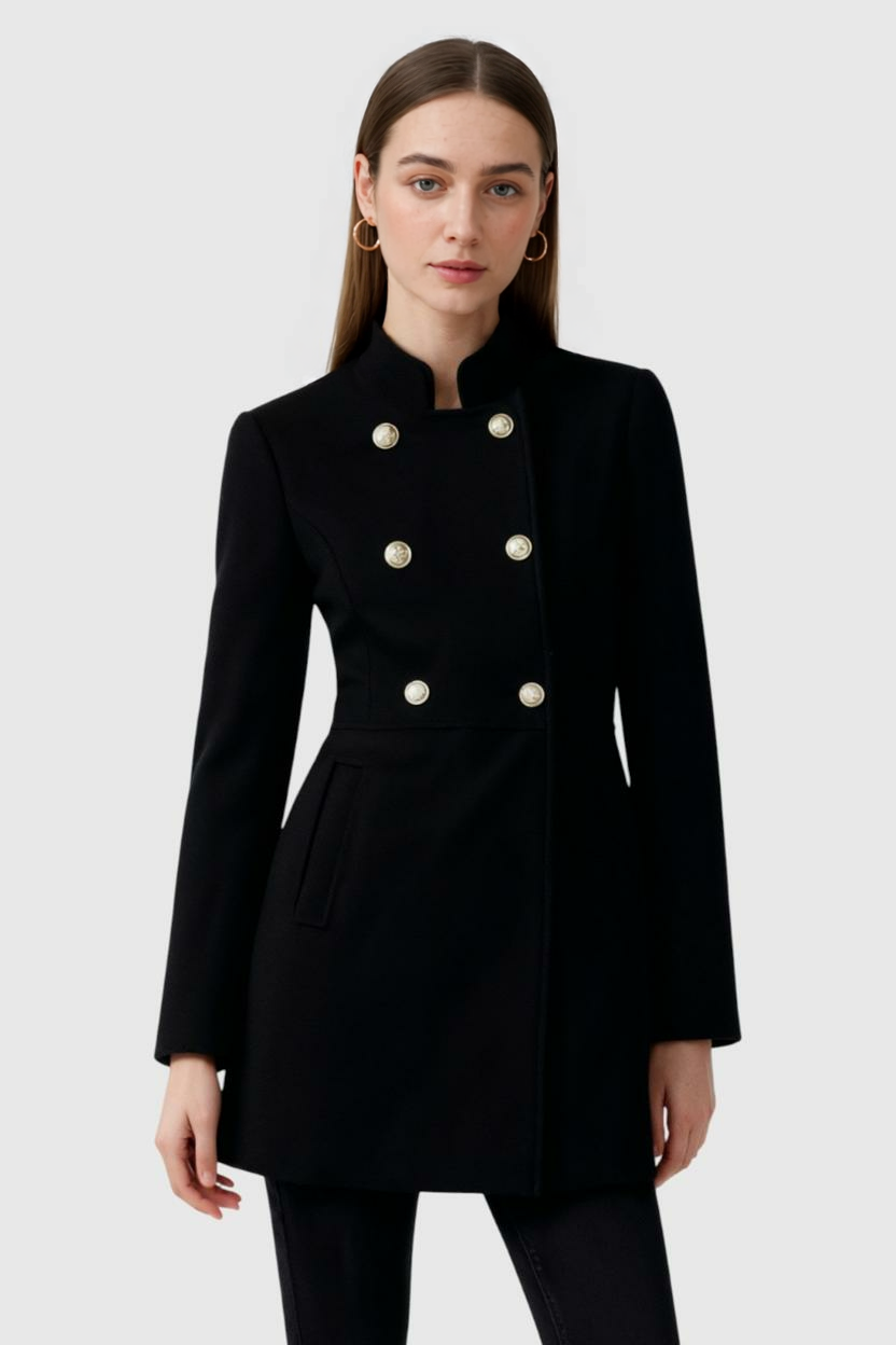 Cappotto Doppio Petto Collo Alto | Bottoni Metallici, Vita Pulita, Lungo