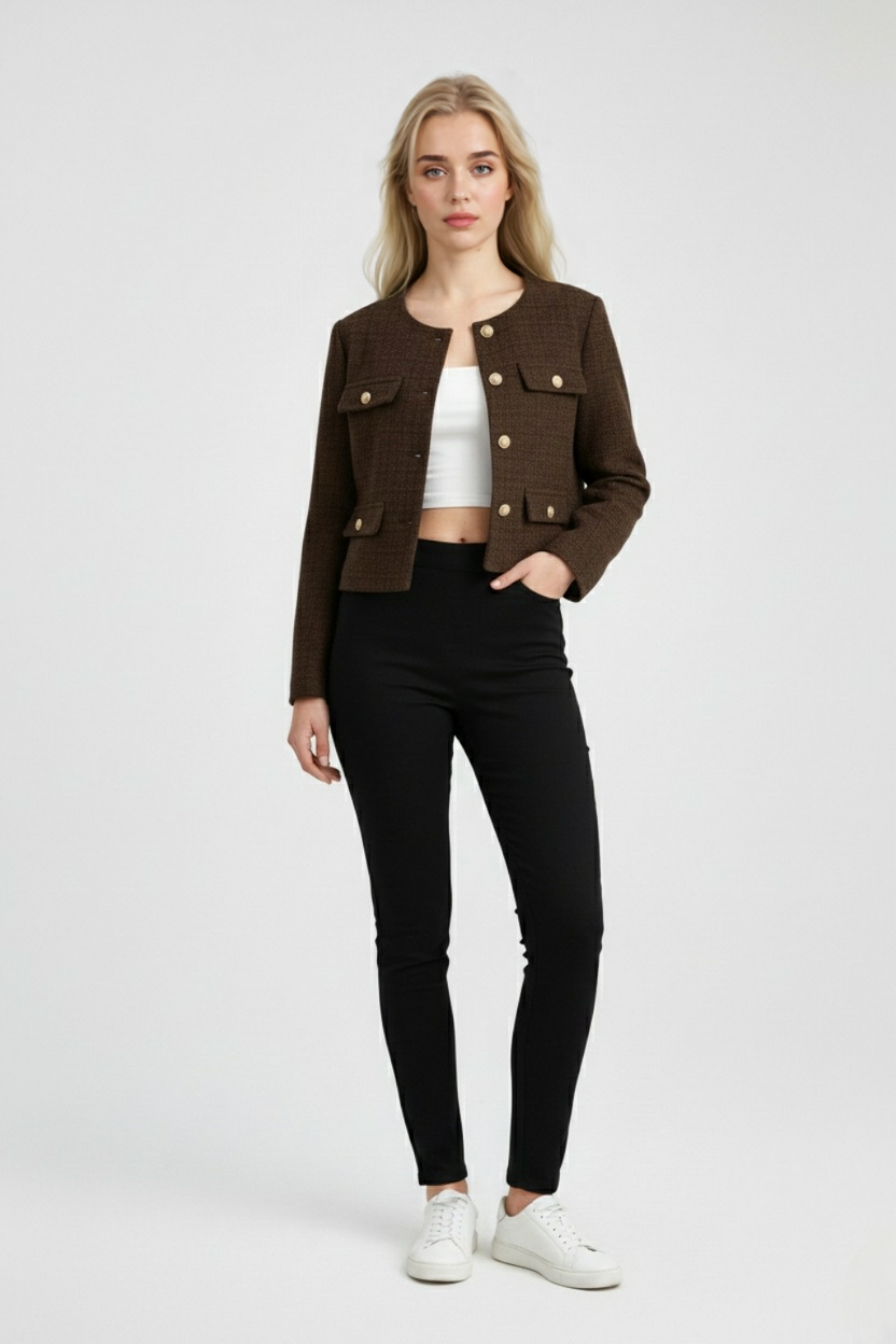 Giacca Cropped | Collo Tondo, Patte, Regular Fit