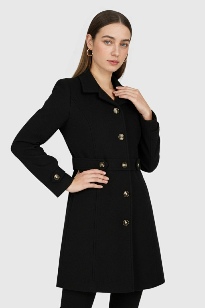 Cappotto Medio con Cintura | Bottoni Oro, Collo Scollo a V, Slim Fit
