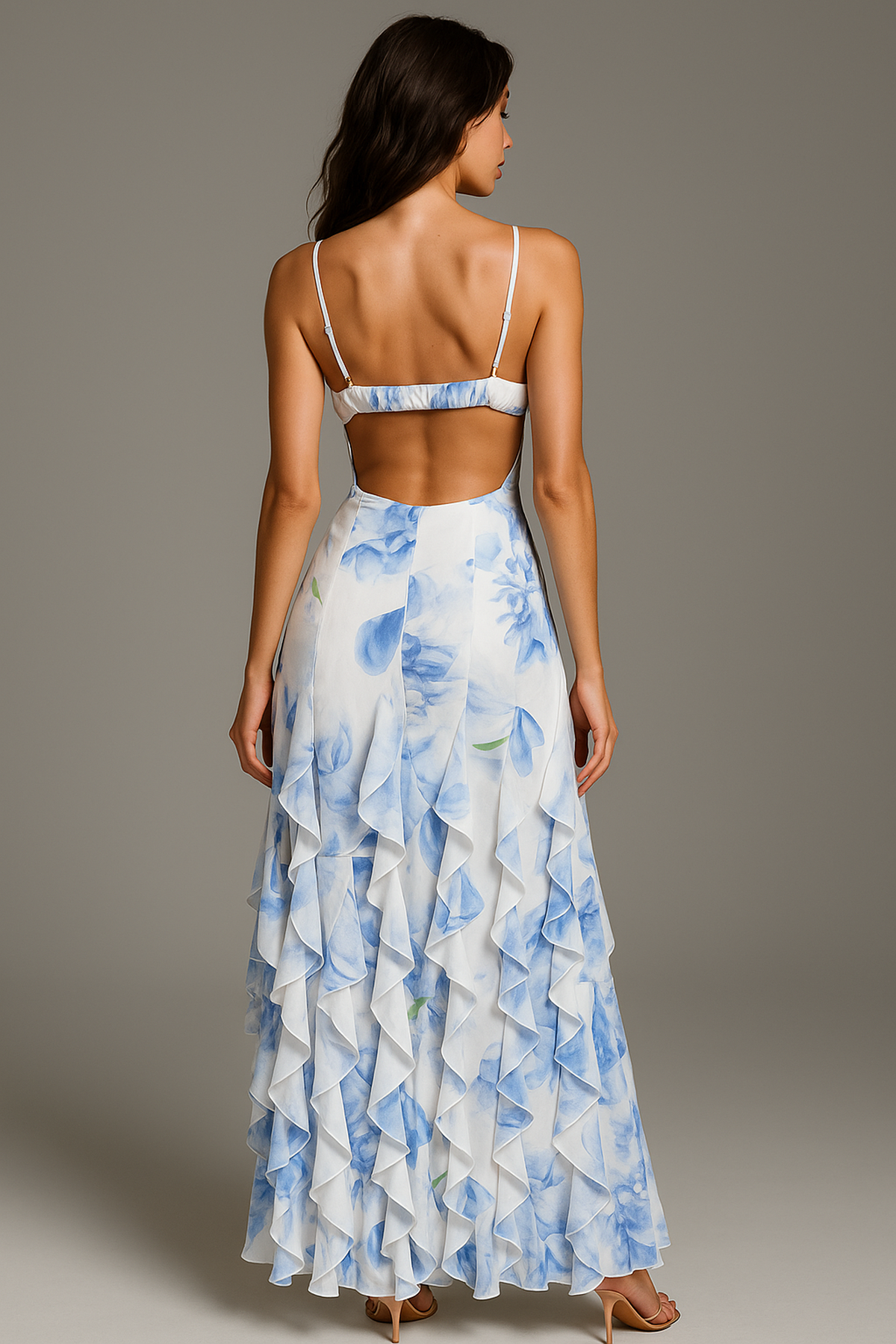 Abito Maxi Floreale Ruffles | V-Scollo, Strati, Spaghetti Straps
