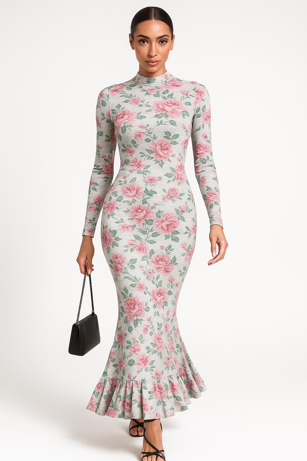 Abito maxi floreale con collo alto e maniche lunghe