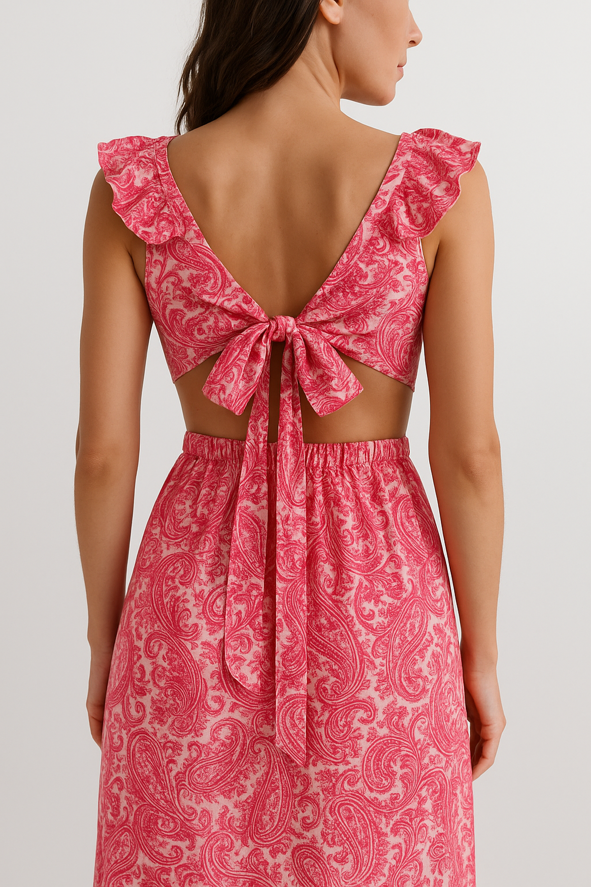Abito Maxi Paisley | Scollo a V | Vita Scut-Out | Orlo Volant