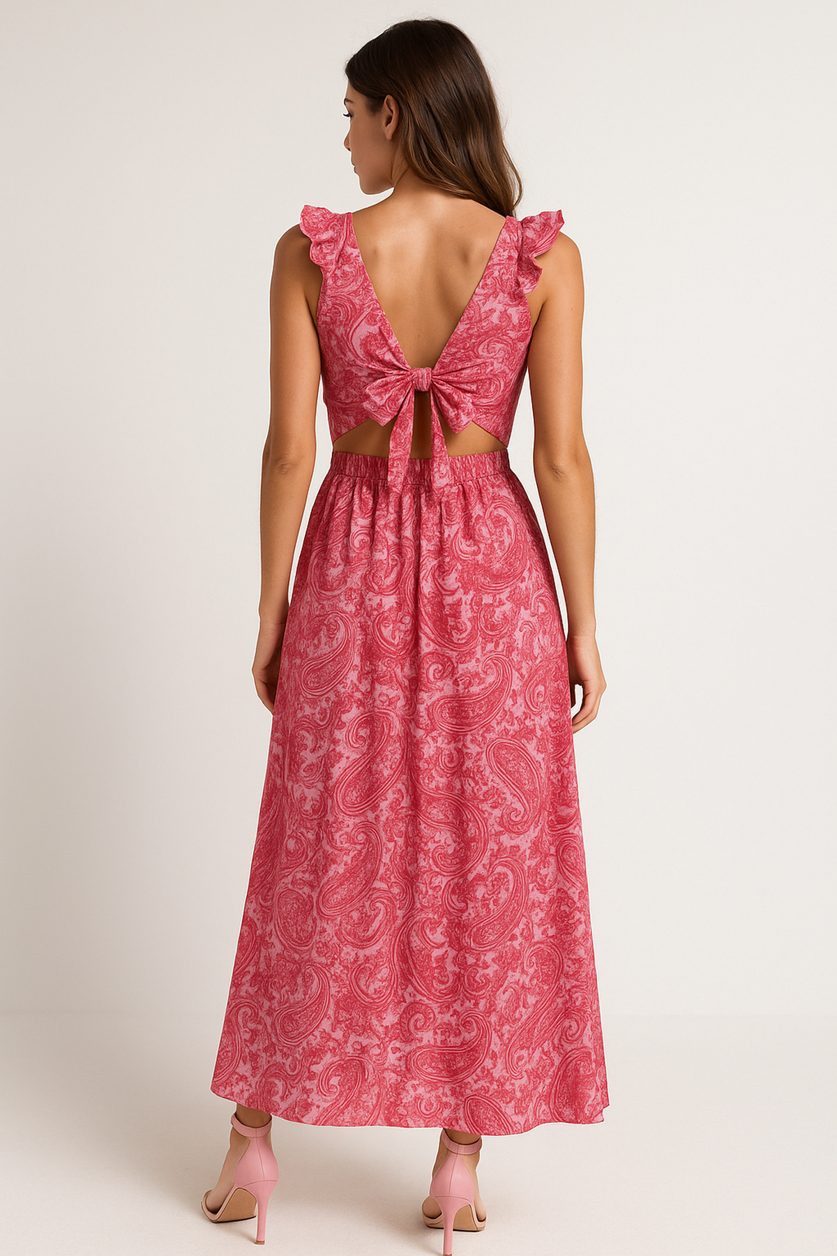 Abito Maxi Paisley | Scollo a V | Vita Scut-Out | Orlo Volant