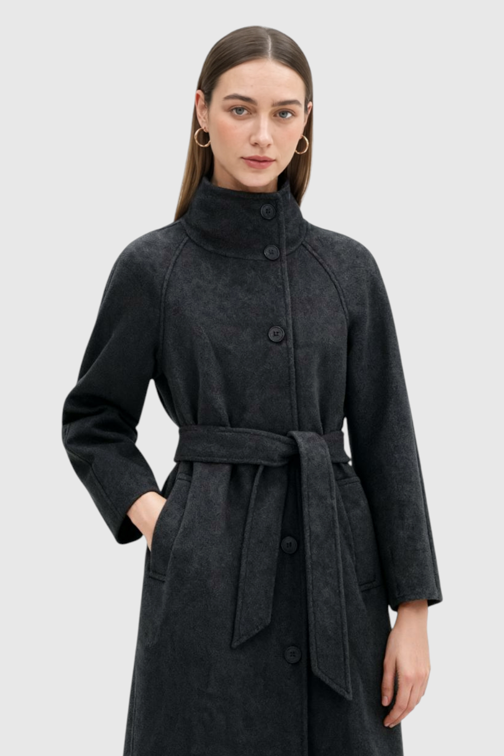 Cappotto Lungo Collo Alto | Con Cintura, Maniche Raglan, Abbottonatura Singola