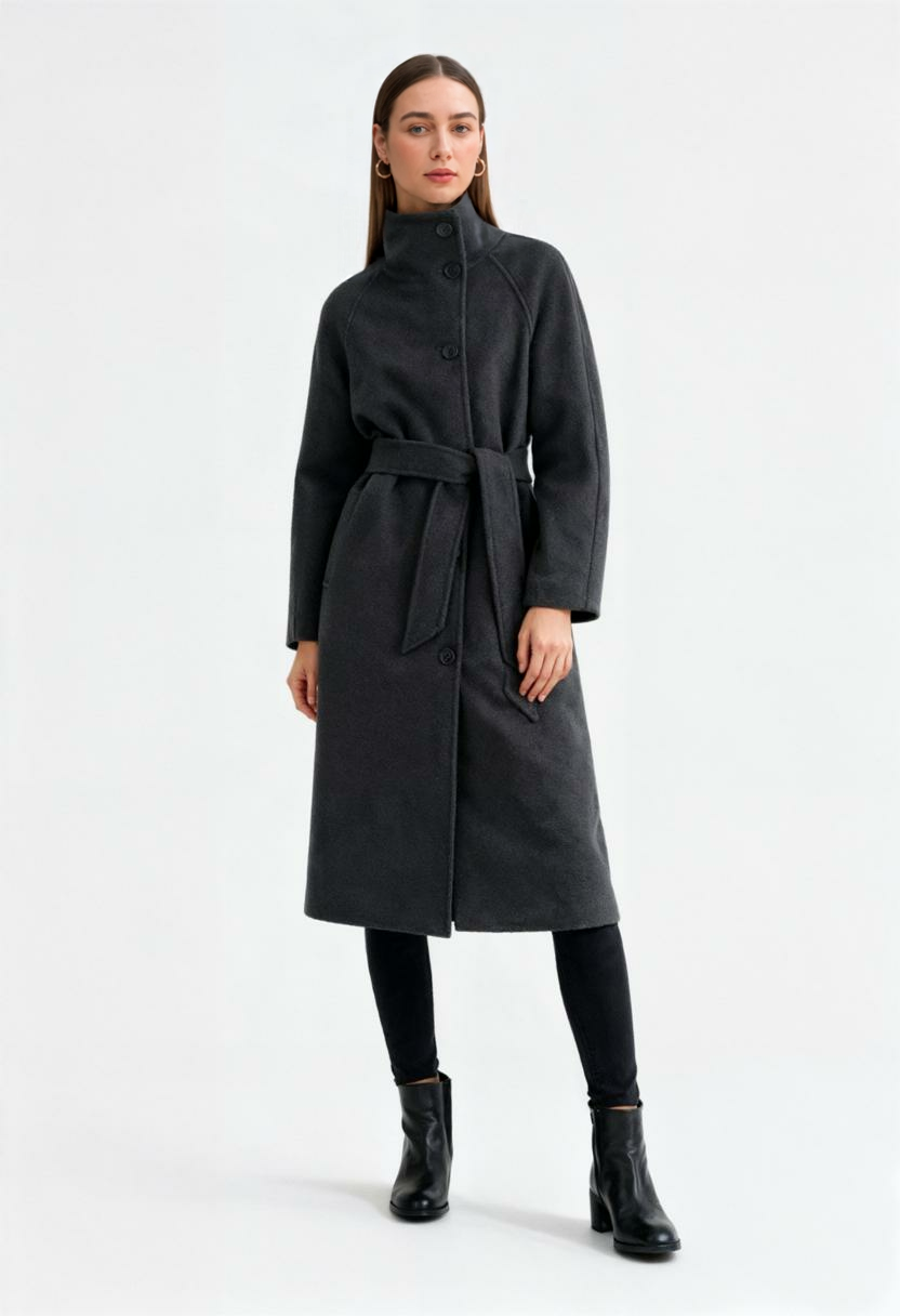 Cappotto Lungo Collo Alto | Con Cintura, Maniche Raglan, Abbottonatura Singola