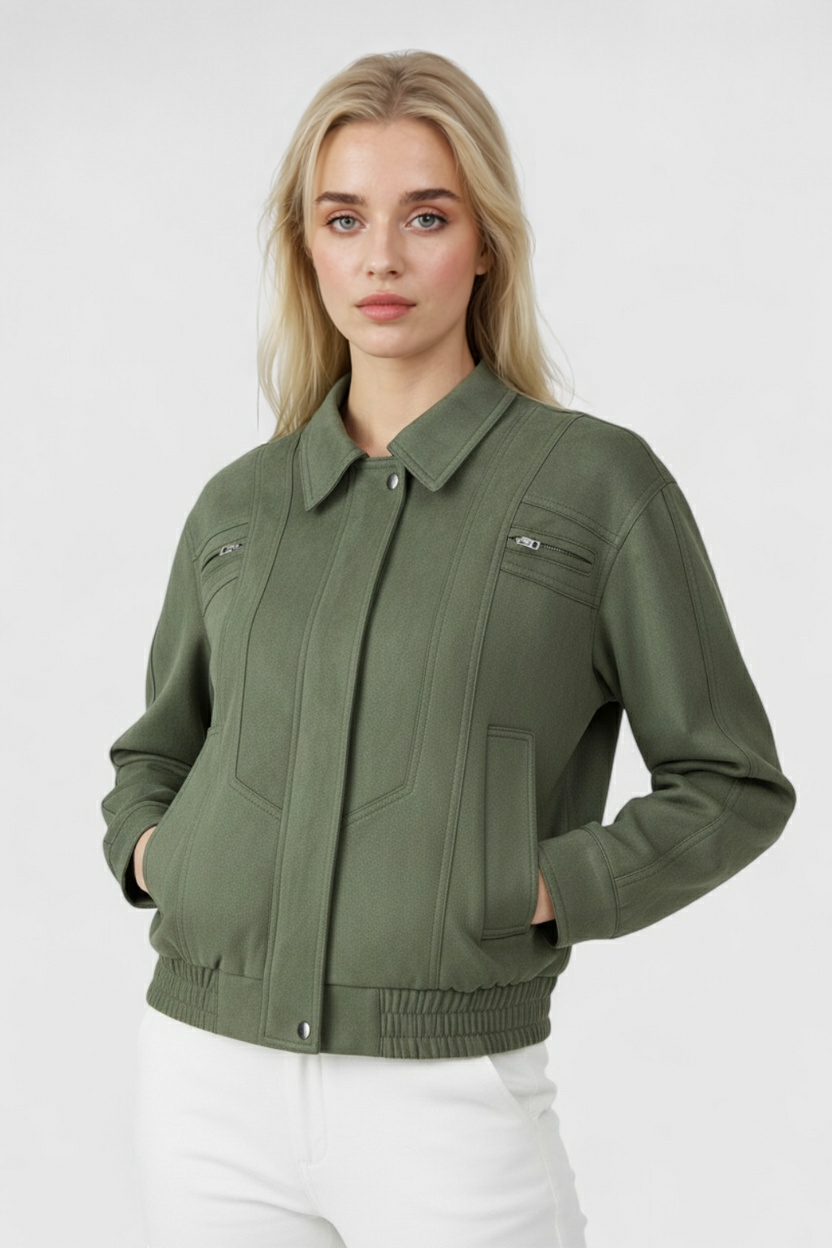 Giacca Bomber Effetto Suede | Zip Front, Vestibilità Relaxed, Orlo a Coste