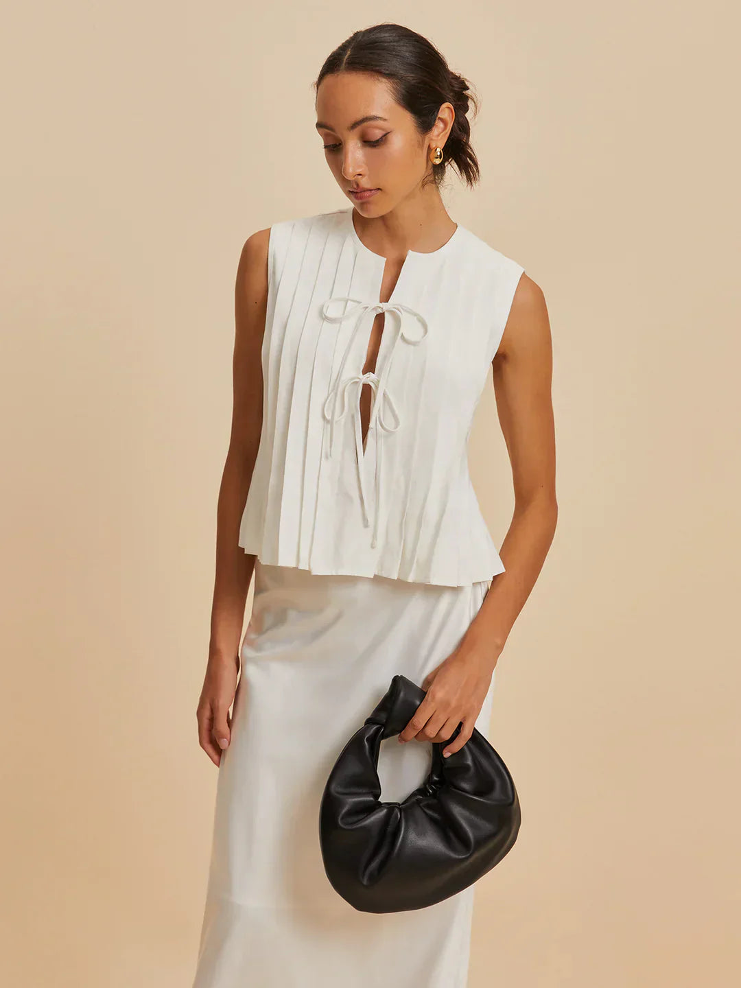 Blusa senza maniche con pleats e laccetto in misto cotone-lino