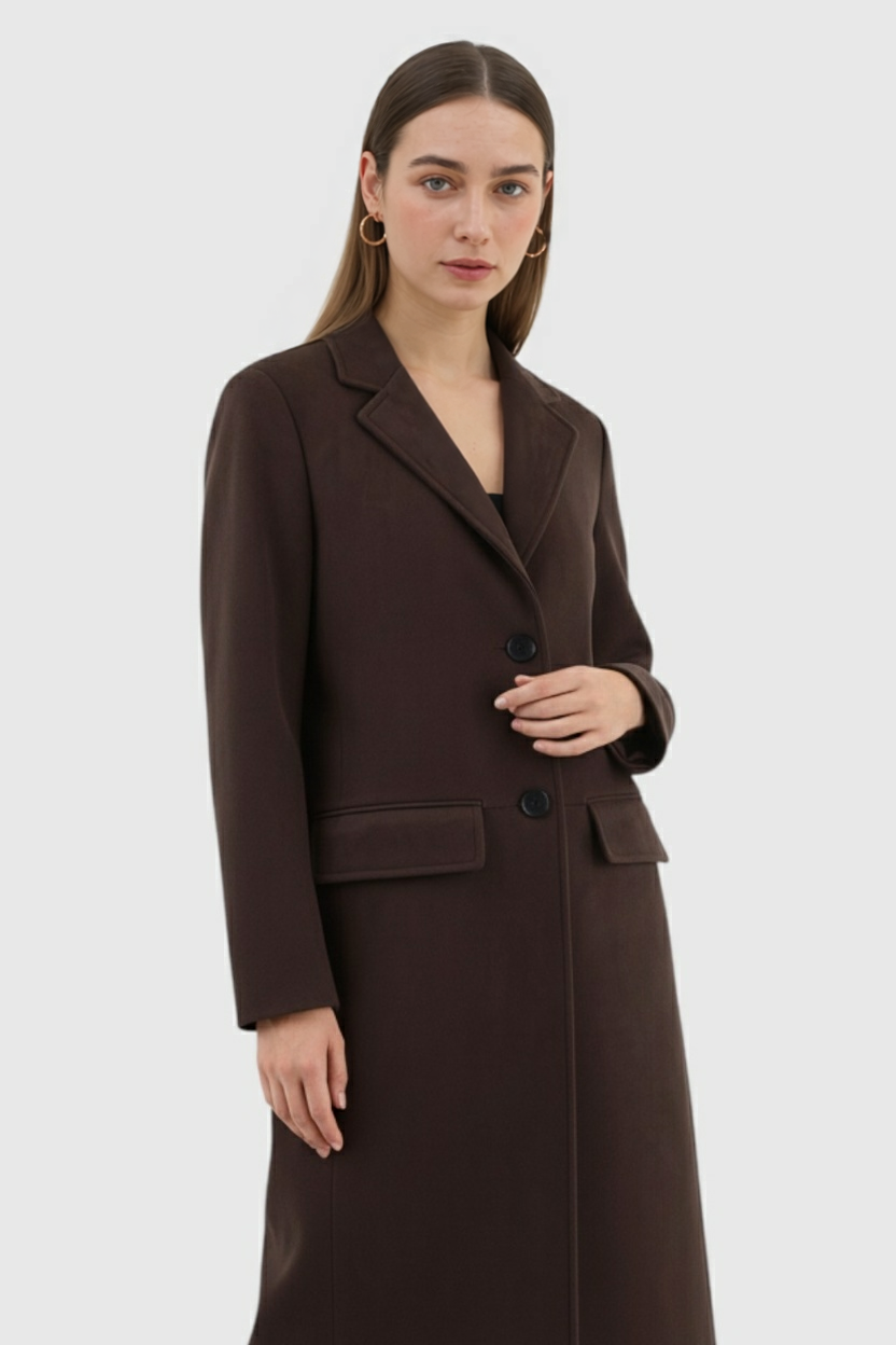 Cappotto Lungo Suedette | Sottoposto a Bottoni, Collo a Revers, Taglio Comodo