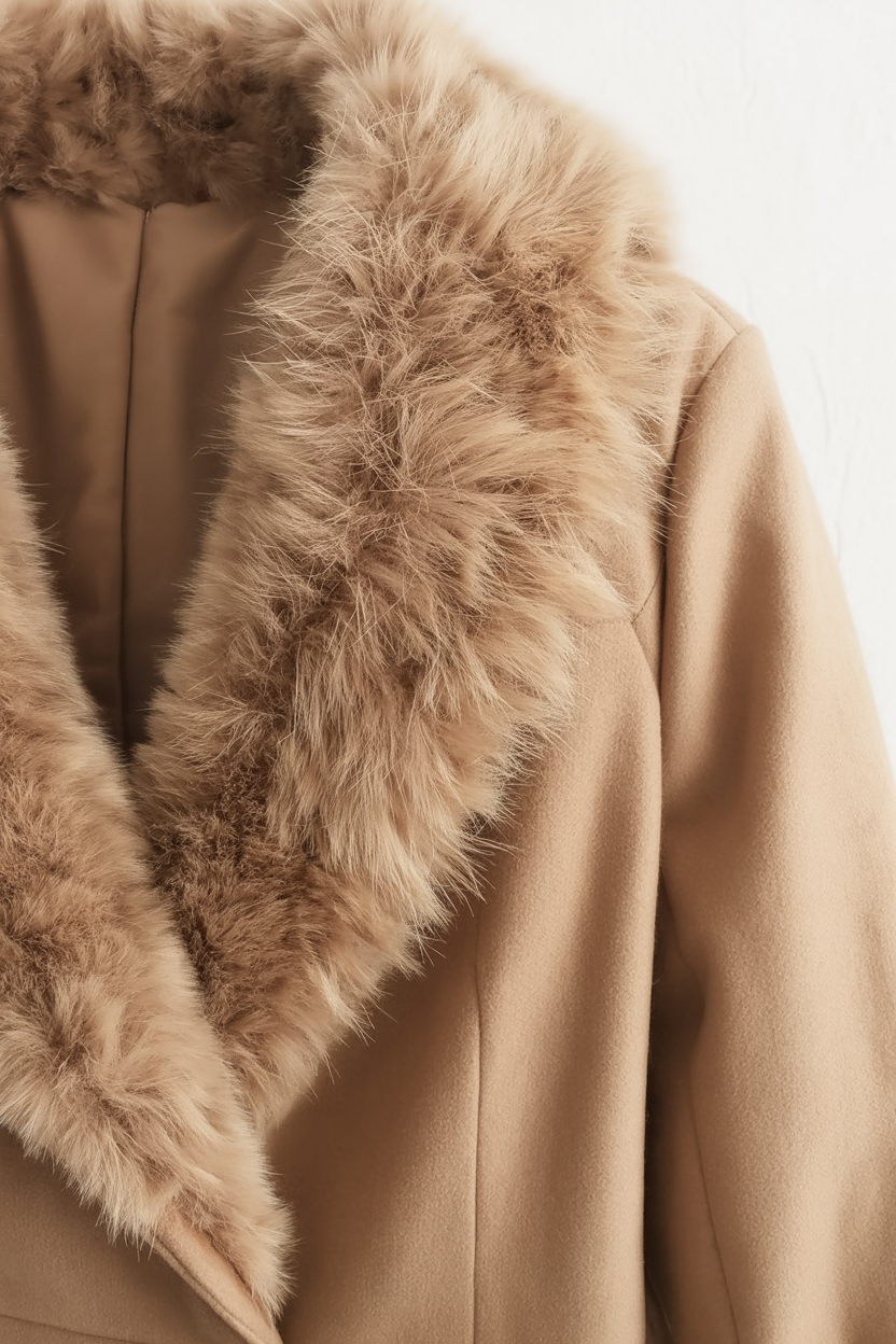 Cappotto Lungo con Cintura | Collo in Pelliccia Finta | Tasche a Patch | Vestibilità Regolare