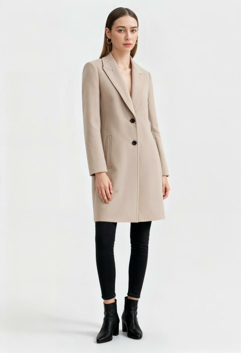 Cappotto lungo beige con collo a revers e chiusura a due bottoni