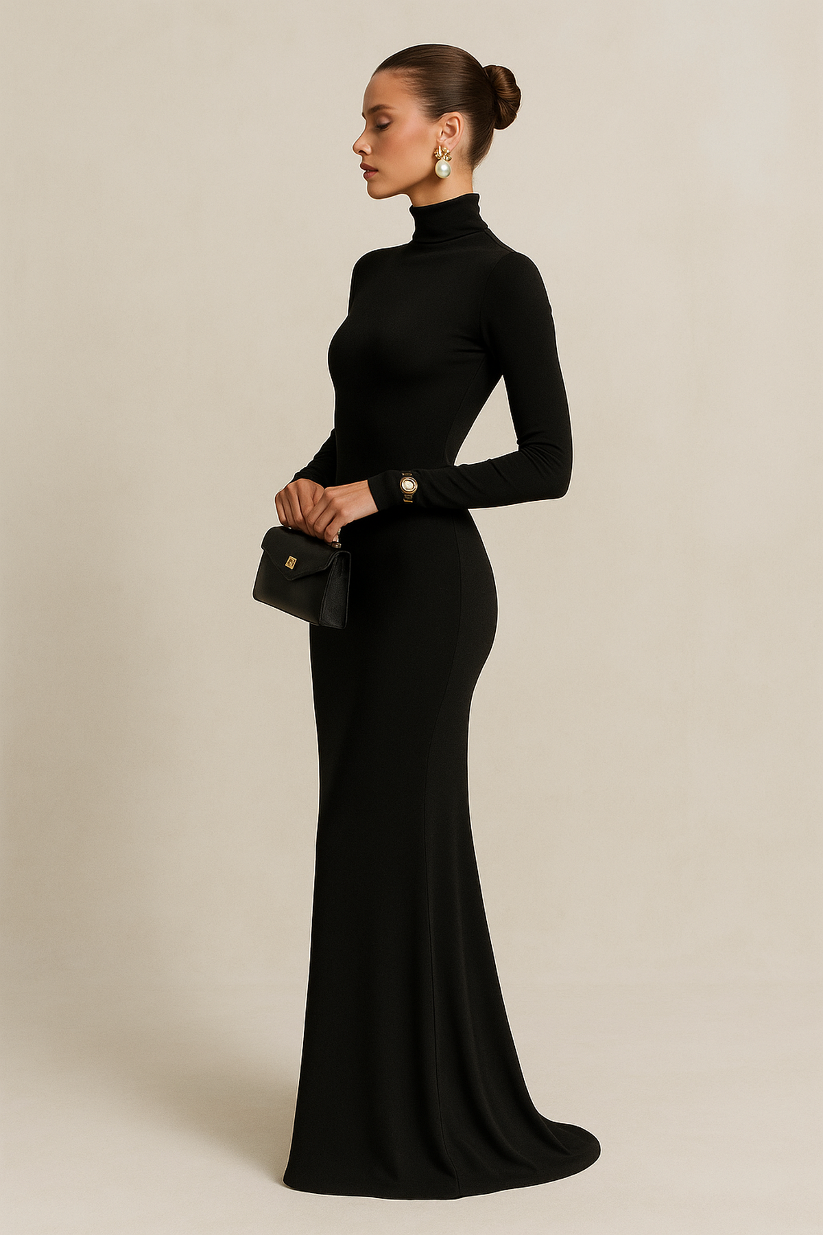 Abito Maxi a Maniche Lunghe con Collo Alto | Vestibilità Stretch | Lunghezza Maxi