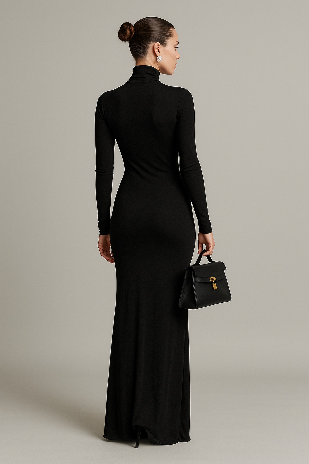 Abito Maxi a Maniche Lunghe con Collo Alto | Vestibilità Stretch | Lunghezza Maxi