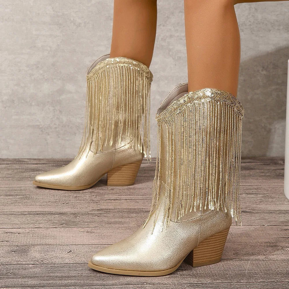 Stivali Fringe Mid-Calf Western | Punta Affilata | Tacco Blocco