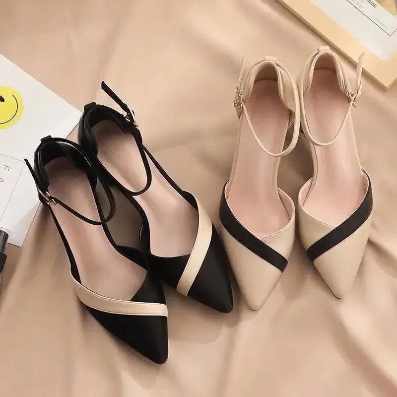 Décolleté Tacco Blocco con Strap alla Caviglia | Banda Contrasto | Punta
