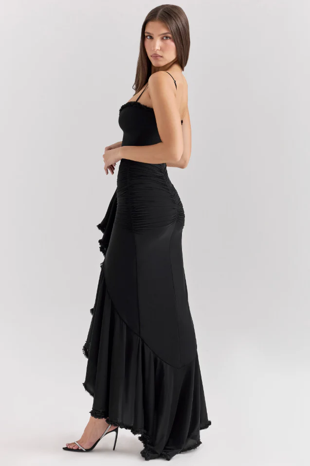 Abito Ruffle Satin Maxi | Spaghetti Straps, Acqua Frontale, Coda