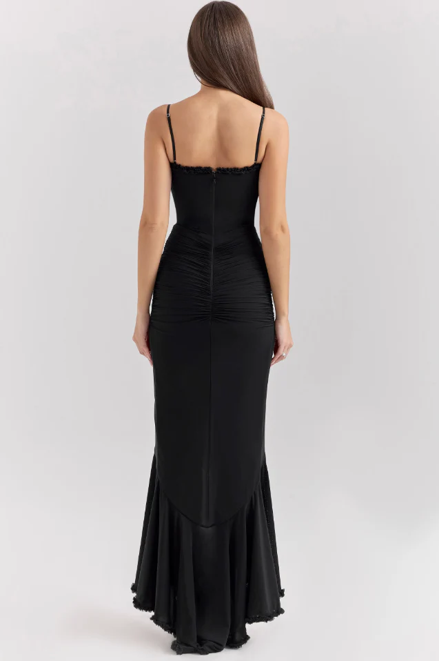 Abito Ruffle Satin Maxi | Spaghetti Straps, Acqua Frontale, Coda