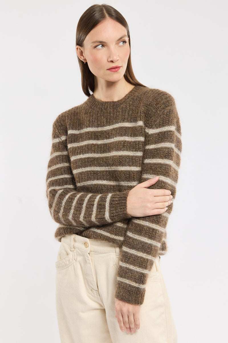 Maglione cashmere striato con collo crew