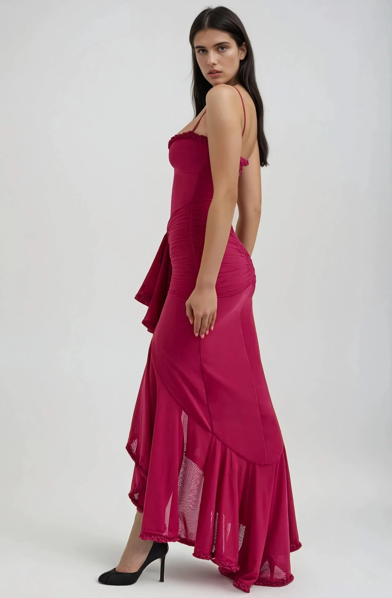 Abito Ruffle Satin Maxi | Spaghetti Straps, Acqua Frontale, Coda