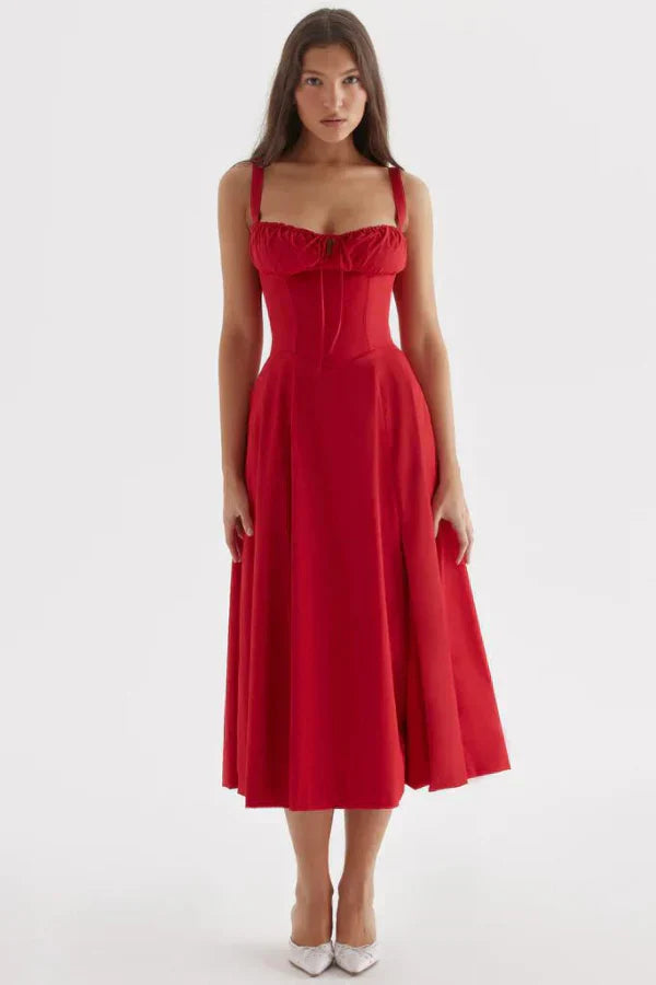 Abito Midi Floreale Corsetto | Scollo a Cuore, Gonna con Spacco, Spaghetti
