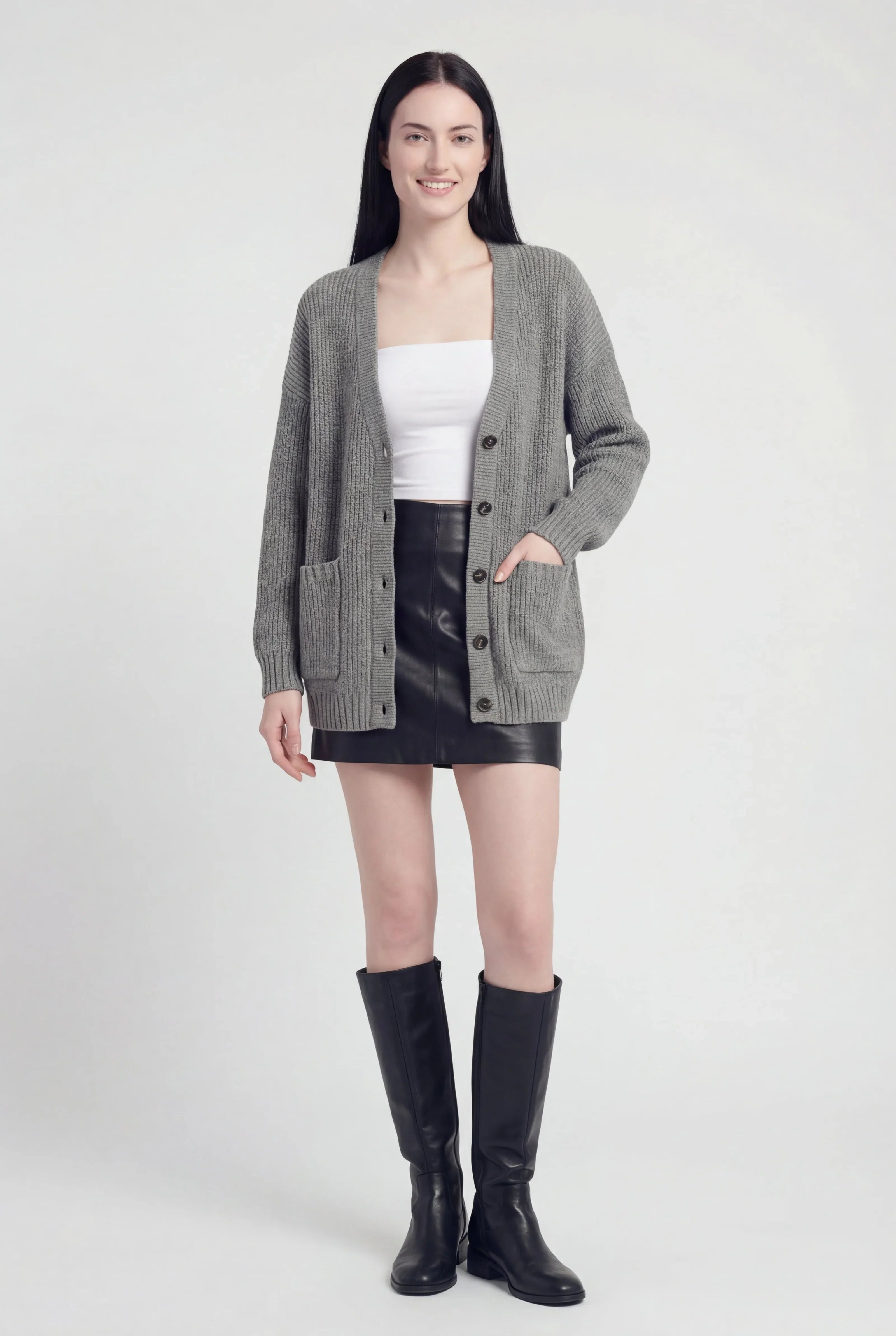 Cardigan grigio rib knit oversized con tasche applicate