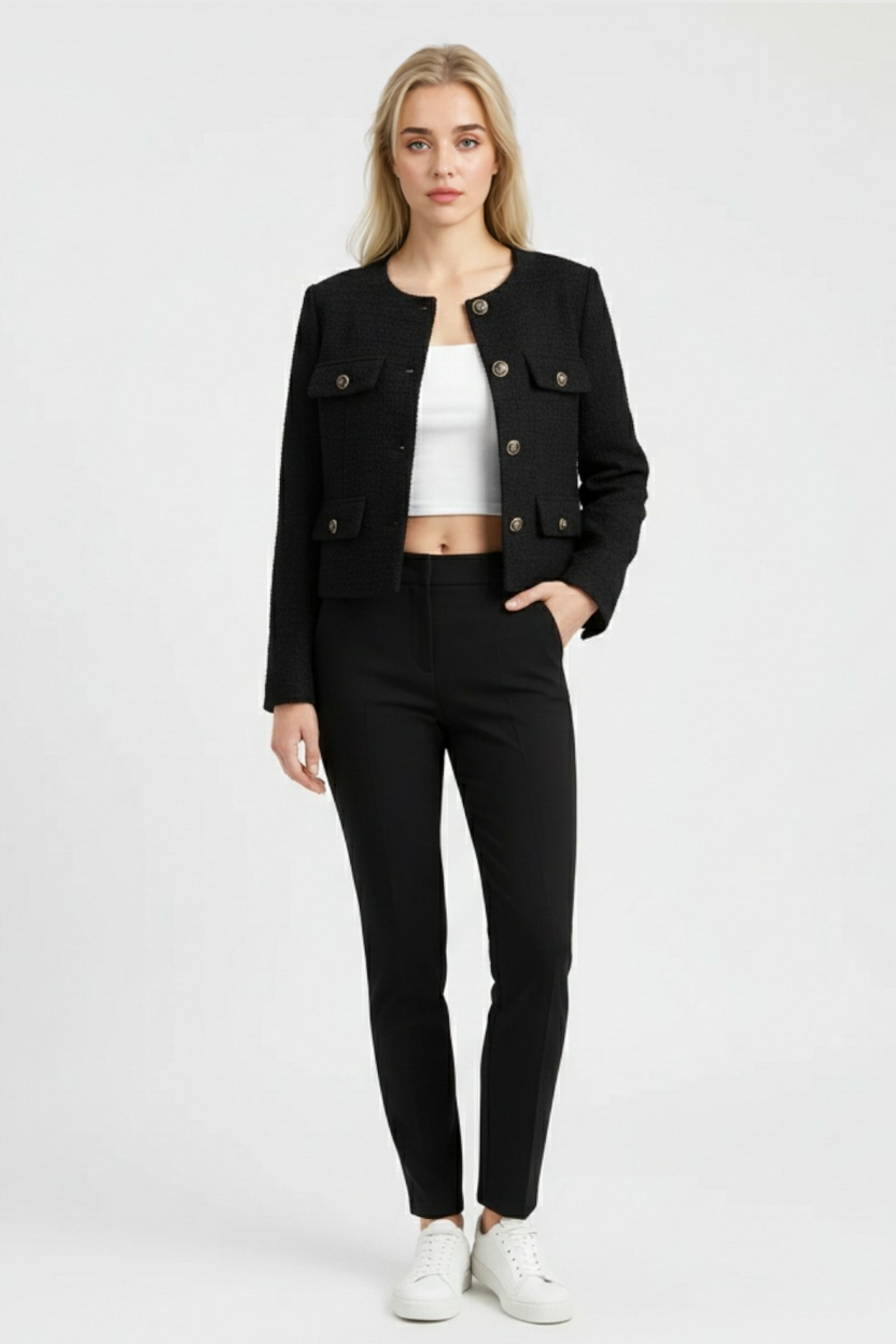 Giacca Cropped | Collo Rotondo, Patte, Regular Fit