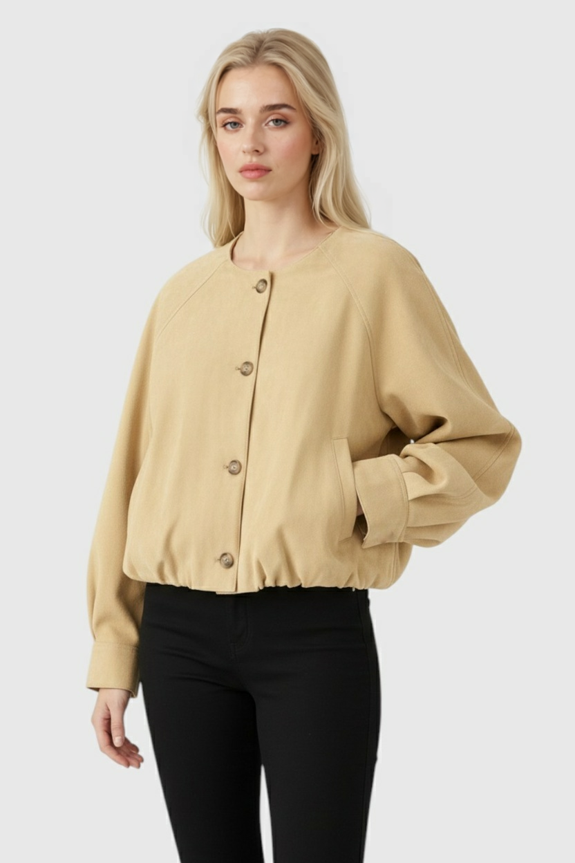 Giacca PU Collo Rotondo | Bottoni Fronte | Lunghezza Cropped | Maniche Raglan