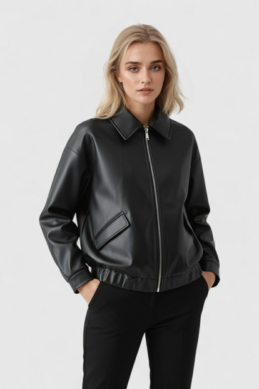 Giacca in Pelle Ecologica | Zip Front e Orlo Elastico