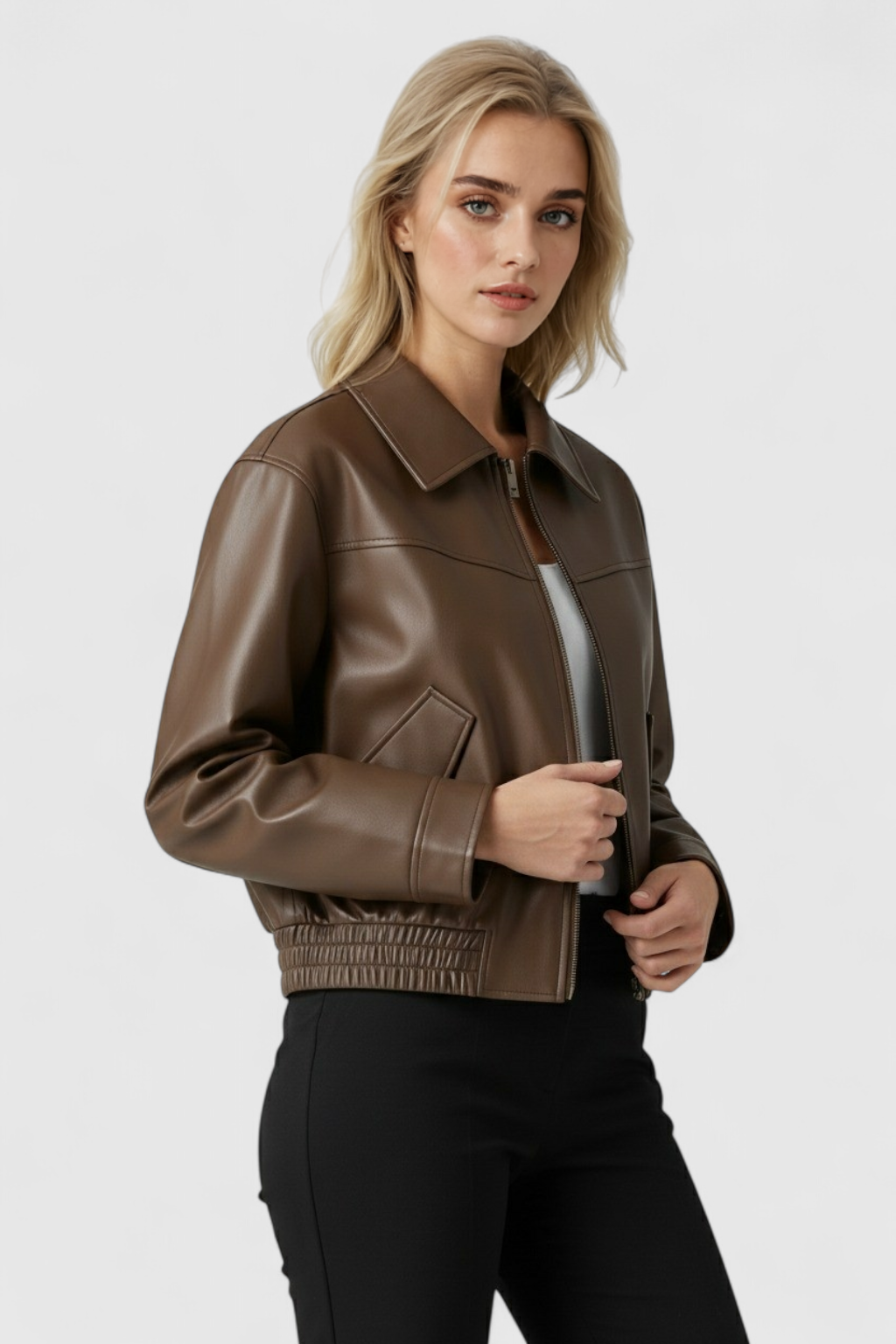 Giacca Corta in Pelle Sintetica Ombra | Zip Front e Fit Strutturato