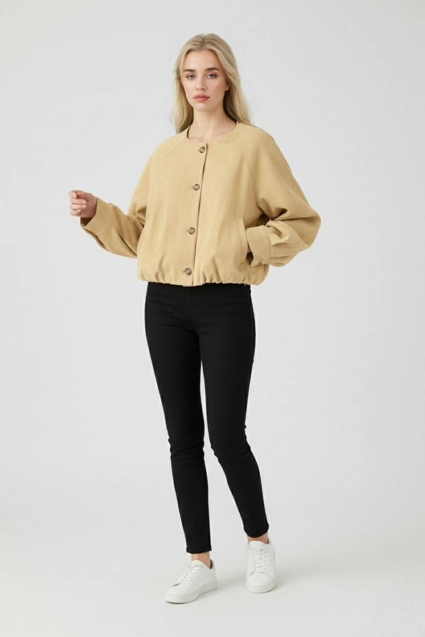 Giacca PU Collo Rotondo | Bottoni Fronte | Lunghezza Cropped | Maniche Raglan
