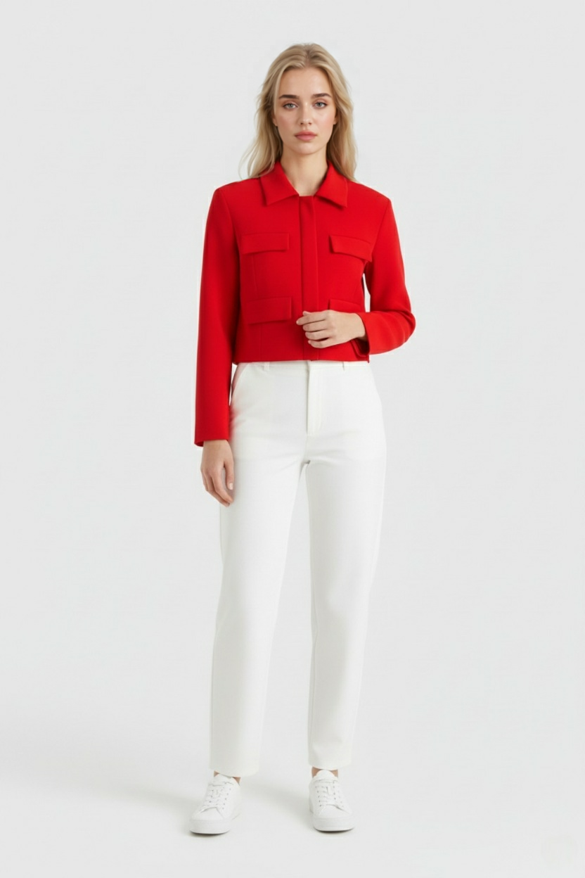 Giacca utilitaria cropped rossa con collo ribassato e tasche a falda