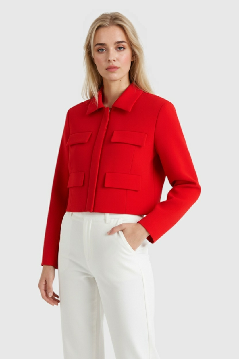 Giacca Utilitaria Cropped | Collo Ribassato, Tasche a Falda