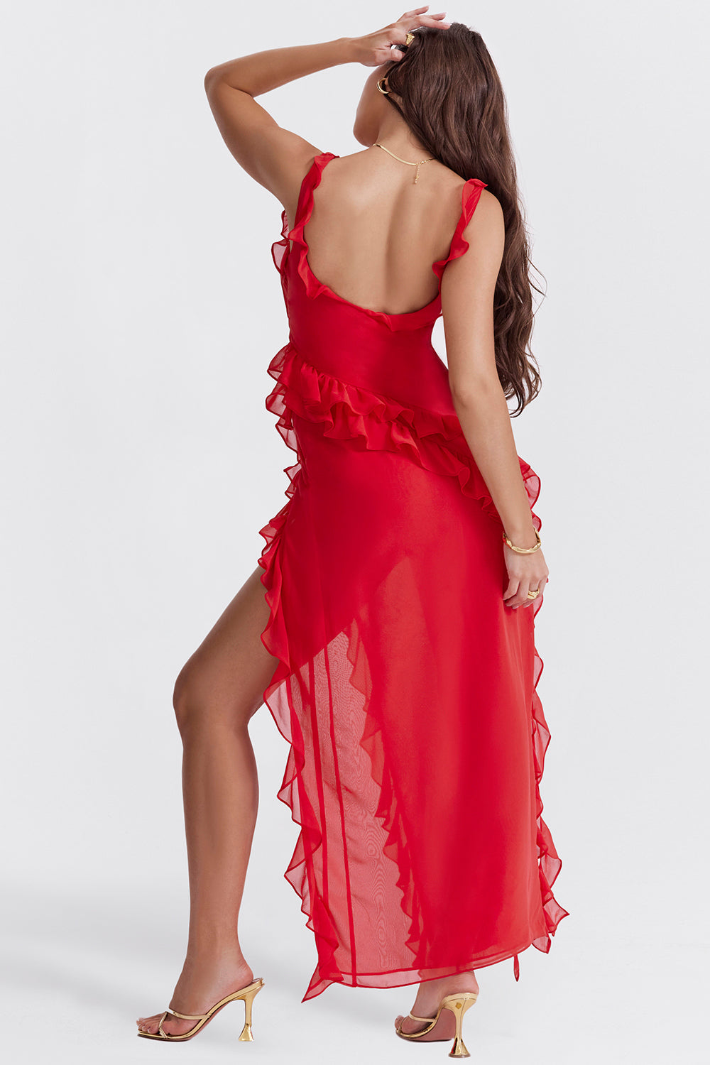 Abito Ruffle Split Maxi | Scollo Quadrato, Senza Maniche, Orlo Drappeggiato