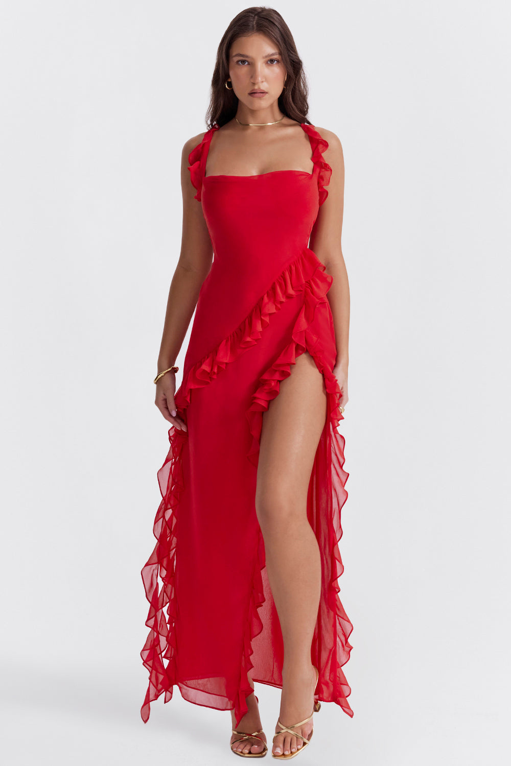 Abito Ruffle Split Maxi | Scollo Quadrato, Senza Maniche, Orlo Drappeggiato