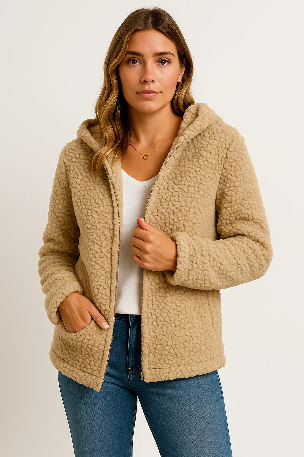 Giacca Teddy Fleece Essenza | Design con Cappuccio e Zip