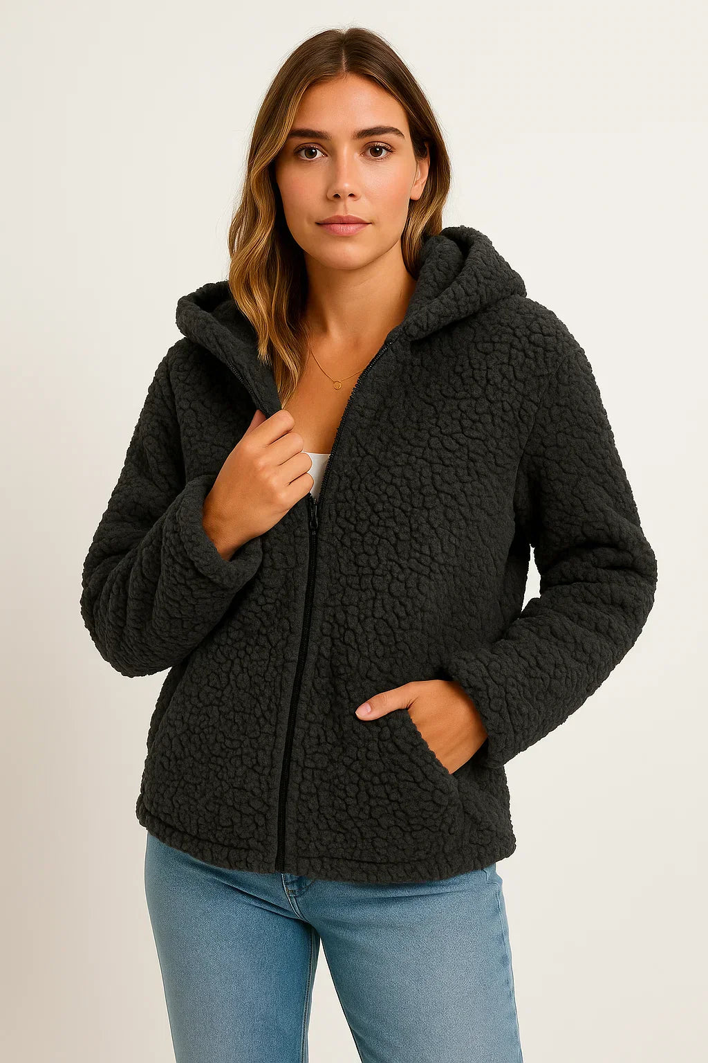 Giacca Teddy Fleece Essenza | Design con Cappuccio e Zip