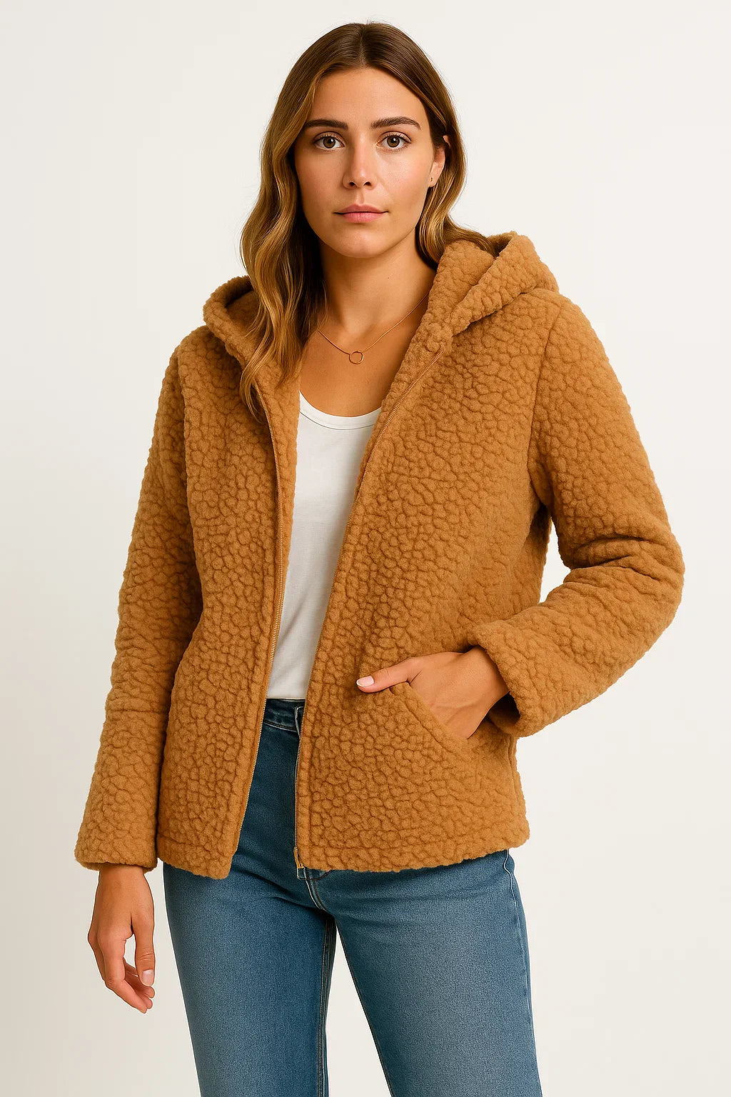 Giacca Teddy Fleece Essenza | Design con Cappuccio e Zip