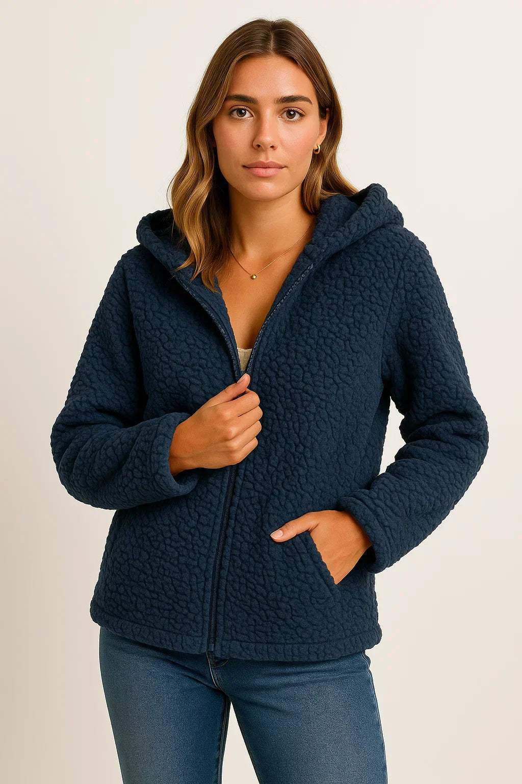 Giacca Teddy Fleece Essenza | Design con Cappuccio e Zip