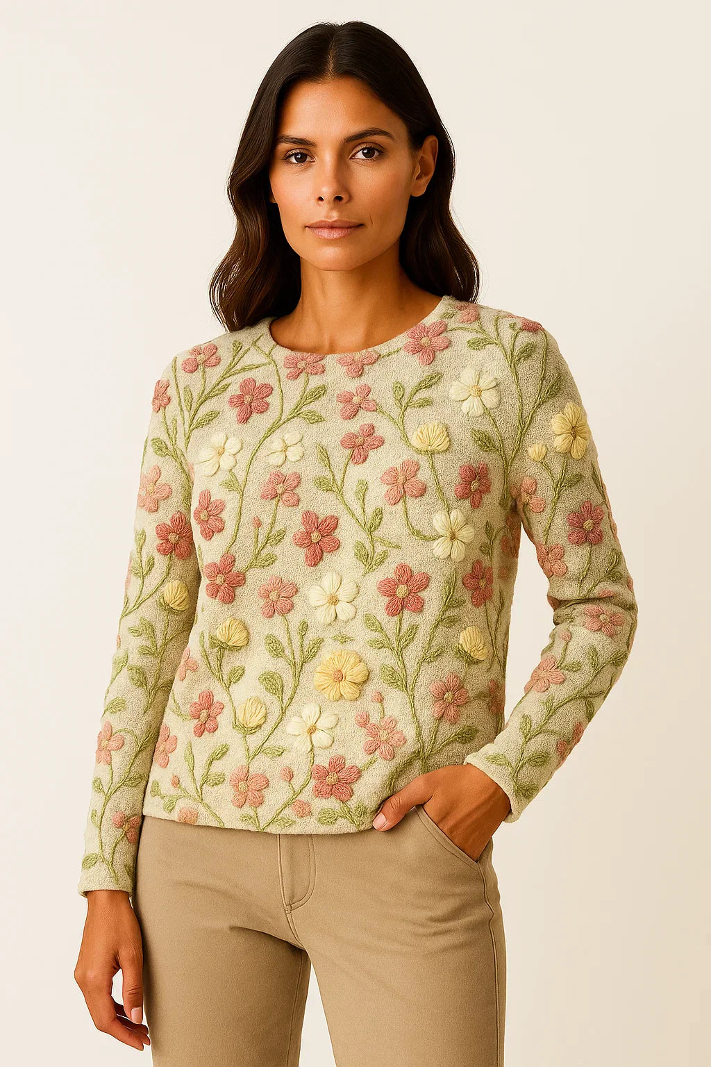 Maglione Ricamato Floreale | Morbido | Collo Crew